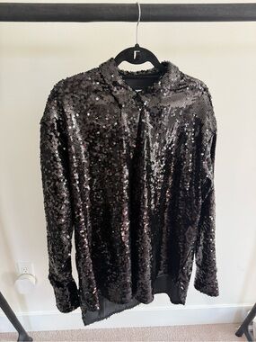 Good American Black Sequin Collared Scoop-Neck Sweater